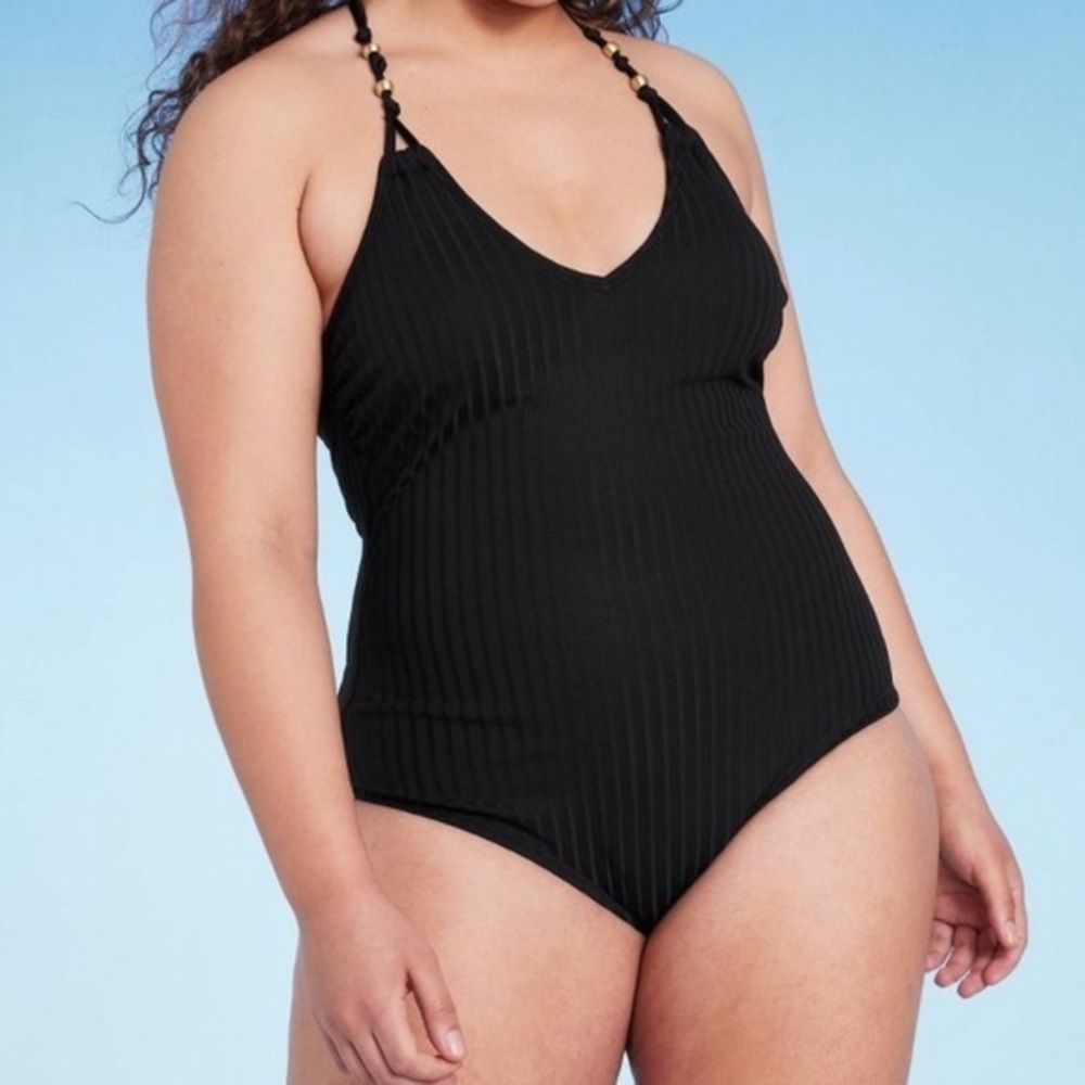 Ribbed Bead Knot Detail One Piece Swimsuit Black NWT